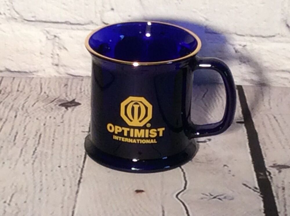 Optimist International Coffee Mug Cup Cobalt Blue Glass Logo Gold Rim Made inUSA
